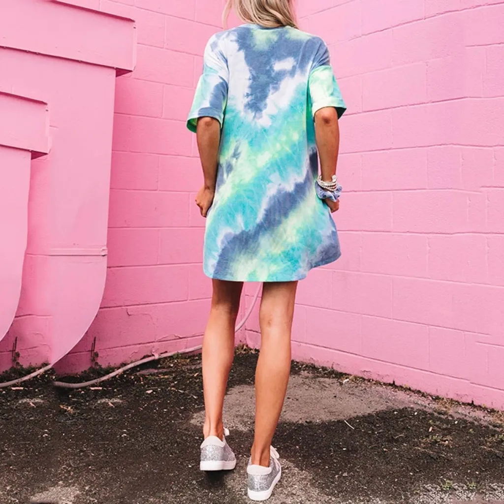 

Women Fashion Tie-dye Print Dress Short Sleeve Dress O-neck Pocket Mini Dress sexy Loose Gradient Color Mini Party Dress