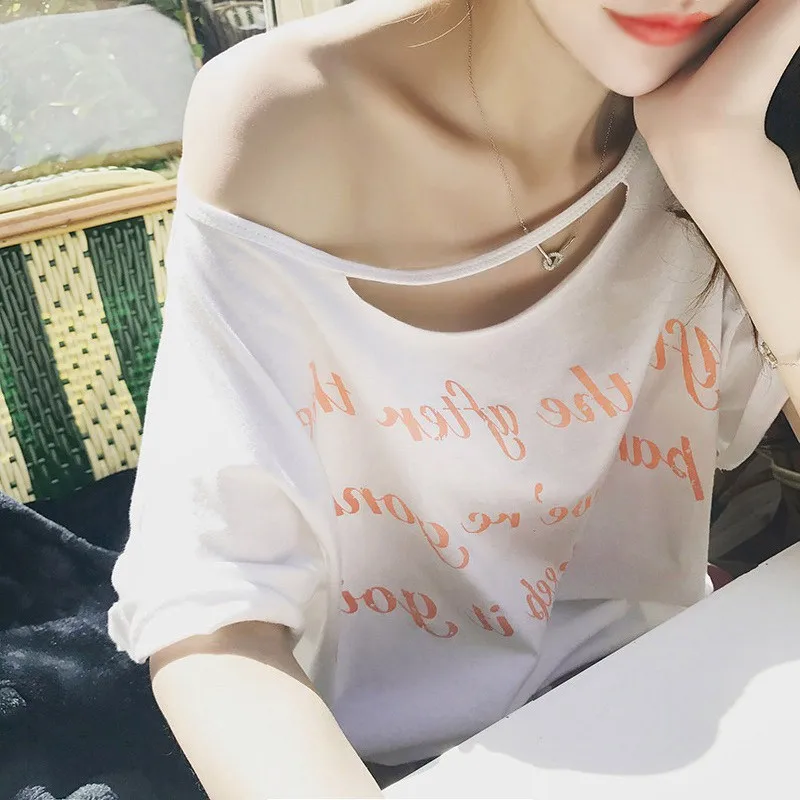 2019 New Woman One-necked Strapless Shoulder Short-Sleeved cotton hollow out Letter Print White T Shirt korean preppy style | Женская