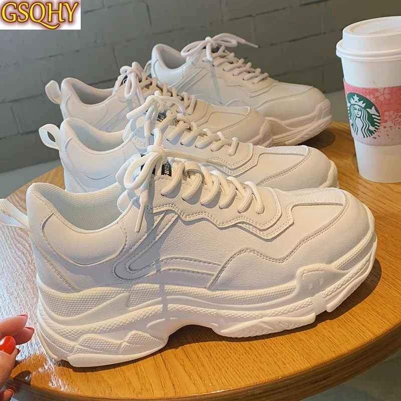 

Женские массивные кроссовки, Вулканизированная подошва, на шнуровке, Повседневная модная обувь для папы, белые