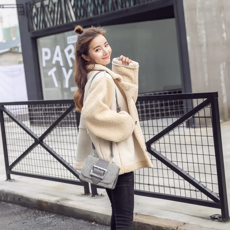 Женское меховое пальто свободное короткое из овчины в Корейском стиле