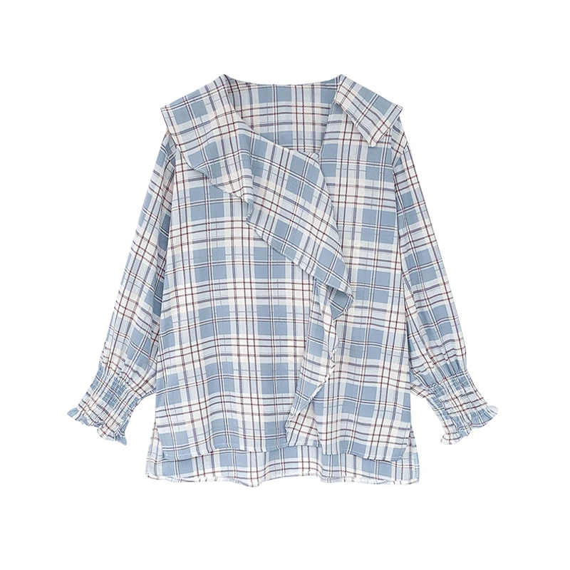 

Plaid shirt female spring in 2021, the new fashion big yards loose chiffon blouse with long sleeves brim summer shirts
