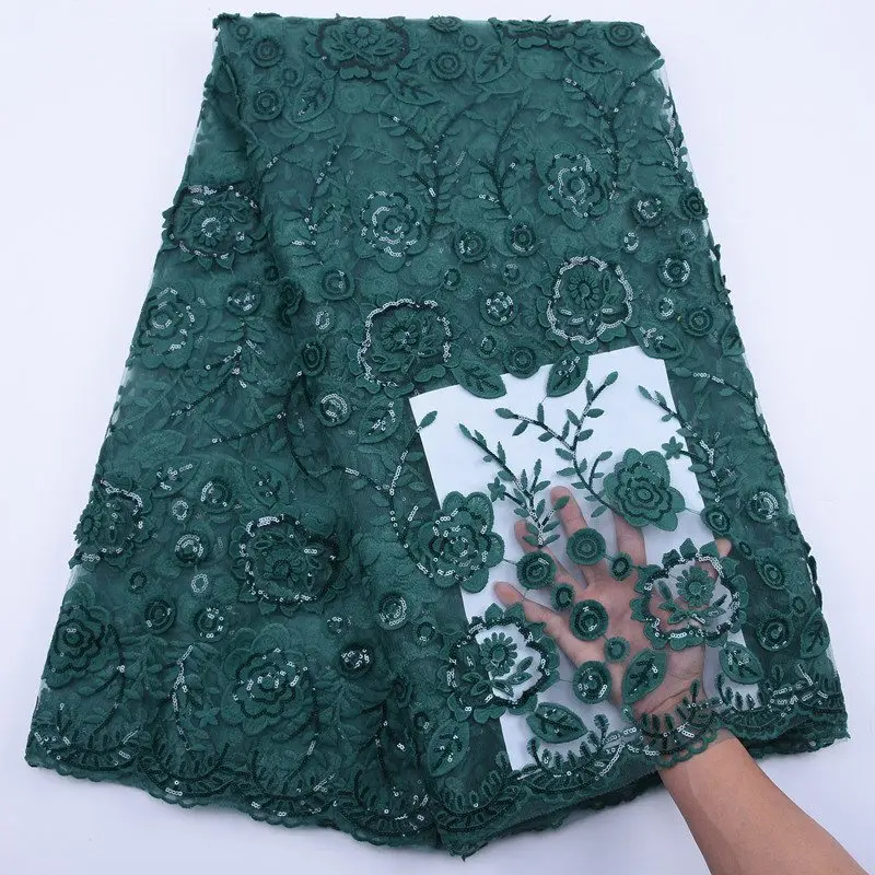 Зеленое Африканское молочного цвета Шелковое кружево ткань с блестками цветы