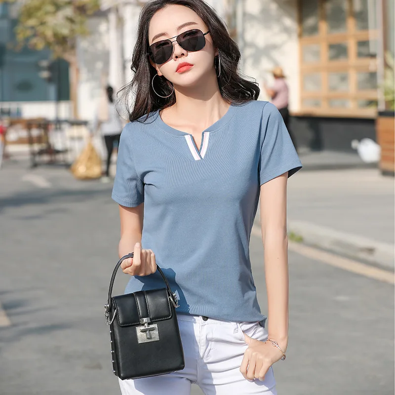 

New Hipster Cotton T Shirt Womens Patchwork V-Neck Contrasting Colors Ladies Summer T Shirts Slim Clothes Female Tee Shirt Femme