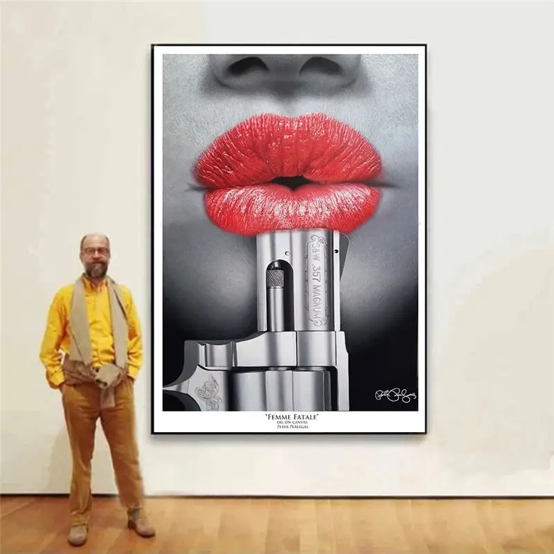 

Quote Woman Lips with Gun Posters and Prints Canvas Painting Wall Art Pictures for Living Room Home Decoration Cuadros Unframed
