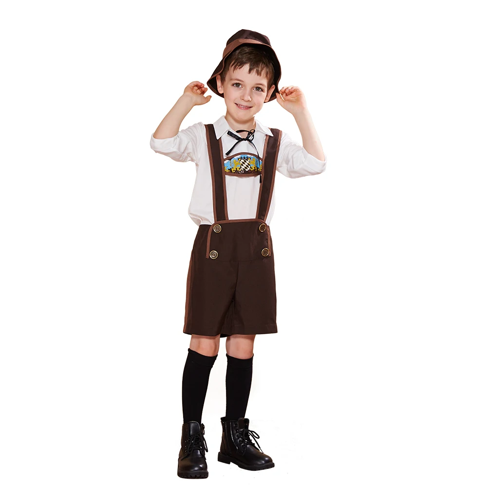 Kids Мужские карнавальные костюмы Октоберфеста для мальчиков, Lederhosen, баварский немецкий детский праздничный костюм, костюм, рубашка, нарядная шляпа - Цвет: Kids