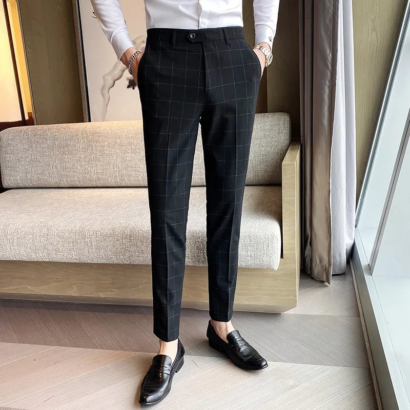 

2021 high-quality new men's simple fashion large checkered casual suit pants Slim business urban men's trousers suit pants