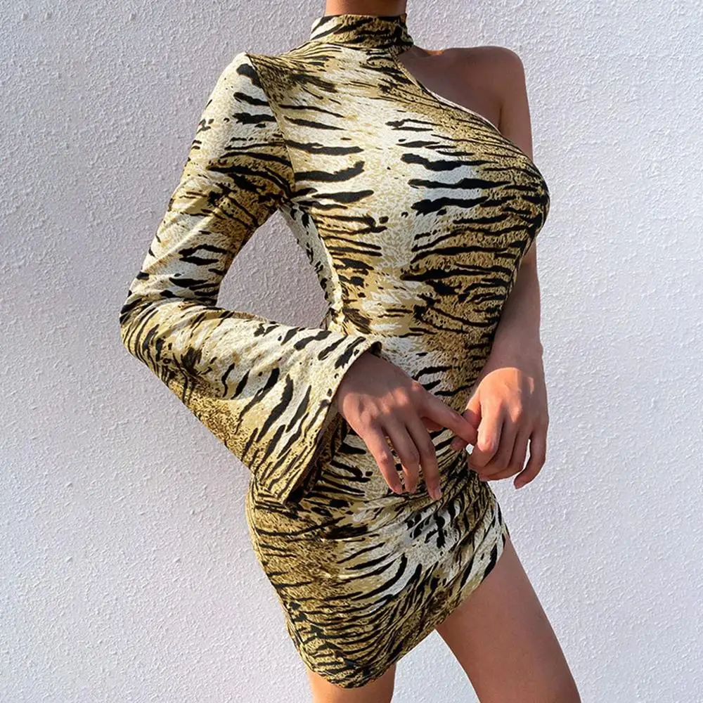Женское облегающее платье в полоску с тигром одним рукавом модель 2020 года Новое