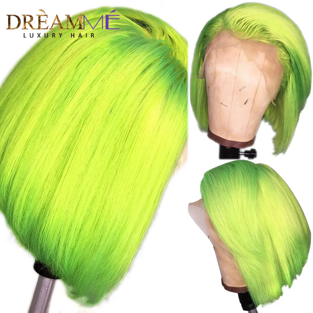 fluorescent green Блондинка красный, розовый и Цветной 13X4 Синтетические волосы на кружеве парики из натуральных волос с Африканской структурой прямо Боб Короткие парики из натуральных волос с Африканской структурой, 613 Синтетические волосы на кружеве парик 150% плотность 9A м - Цвет: fluorescent green