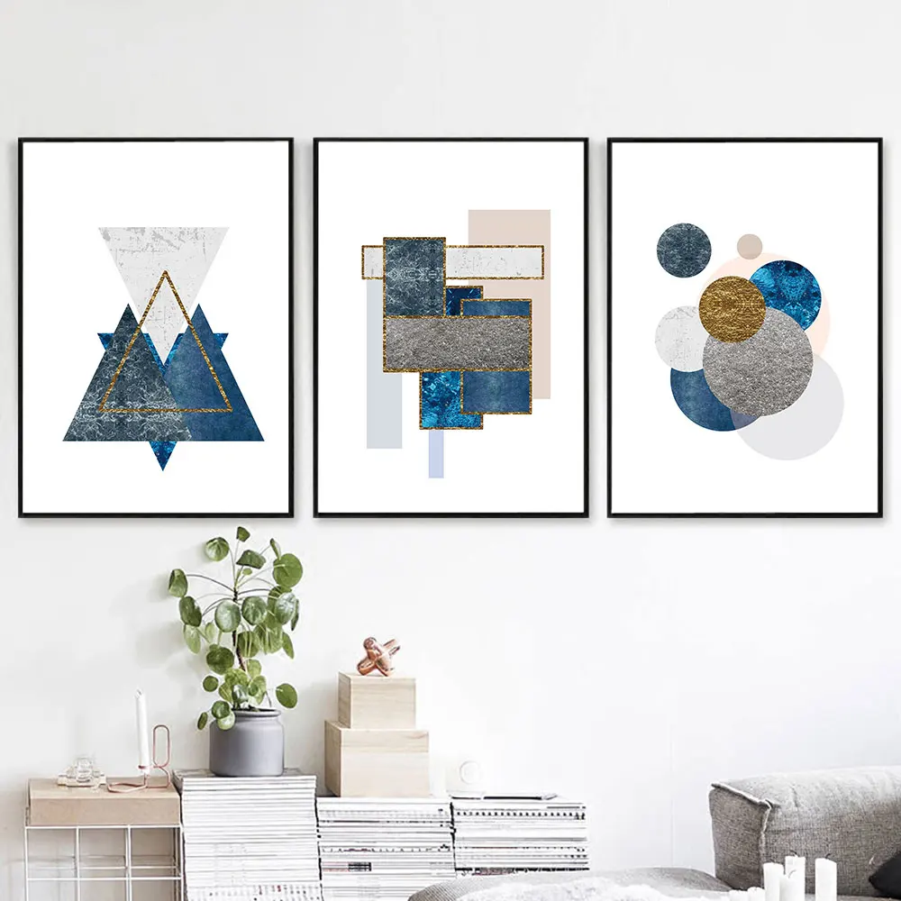 

Abstract Blue Gold Gray Geometric Module Wall Art Canvas Painting Nordic Posters and Prints Wall Pictures for Living Home Decor