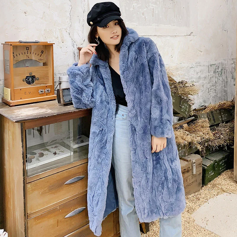 Женское теплое пальто из 100% натурального меха кролика Рекс H804|Шубы и дубленки| |