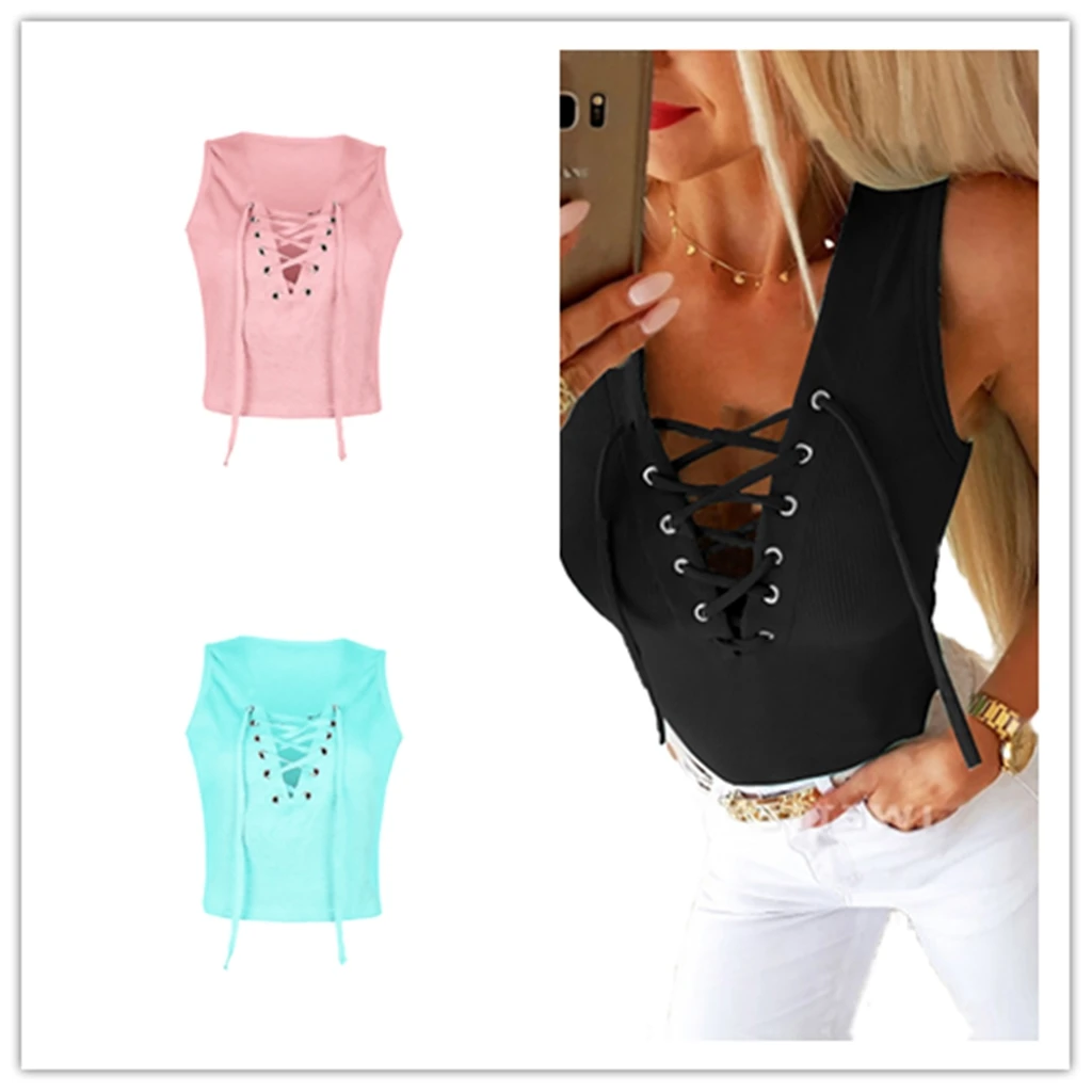 

2020 Summer Women Sleeveless T-shirts Tops Sexy Deep V-neck Lace Up T-shirts Top Ladies Knitted Shirt Solid Color Shirt Clothing