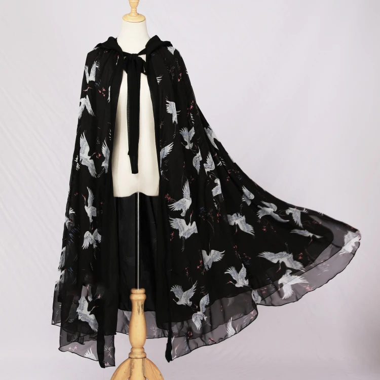 

Print Crane Butterfly Chiffon Organza Fairy Cape Hooded Thin Spring Summer Sun Protection Wind Proof Cloak Unisexual Mantle