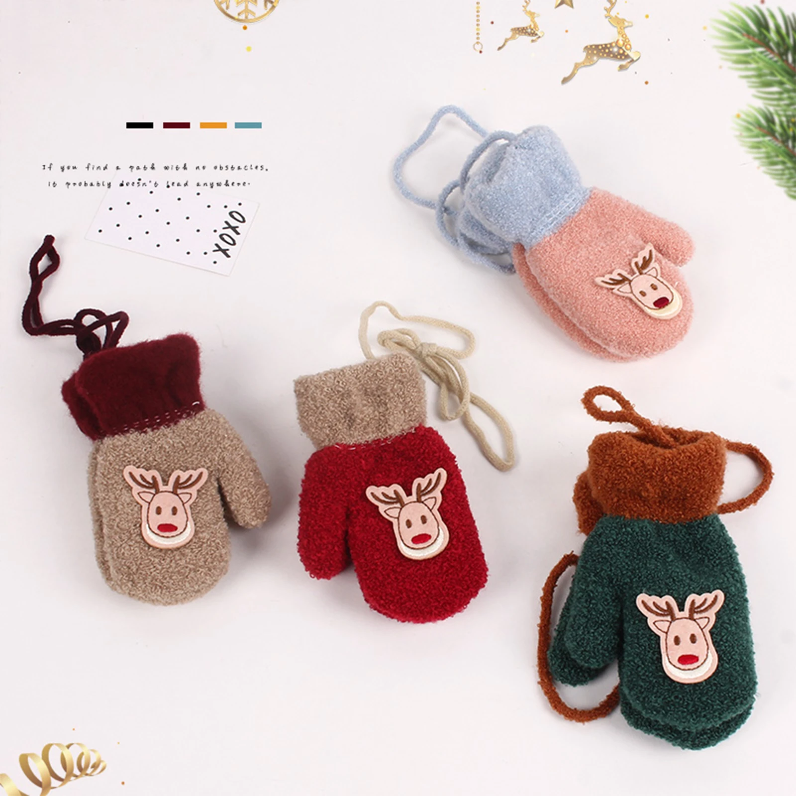 

4 Colors Baby Winter Mittens Toddler Christmas Cartoon Elk Patterns Winter Gloves for Boys Girls Green/Red/Khaki/Pink