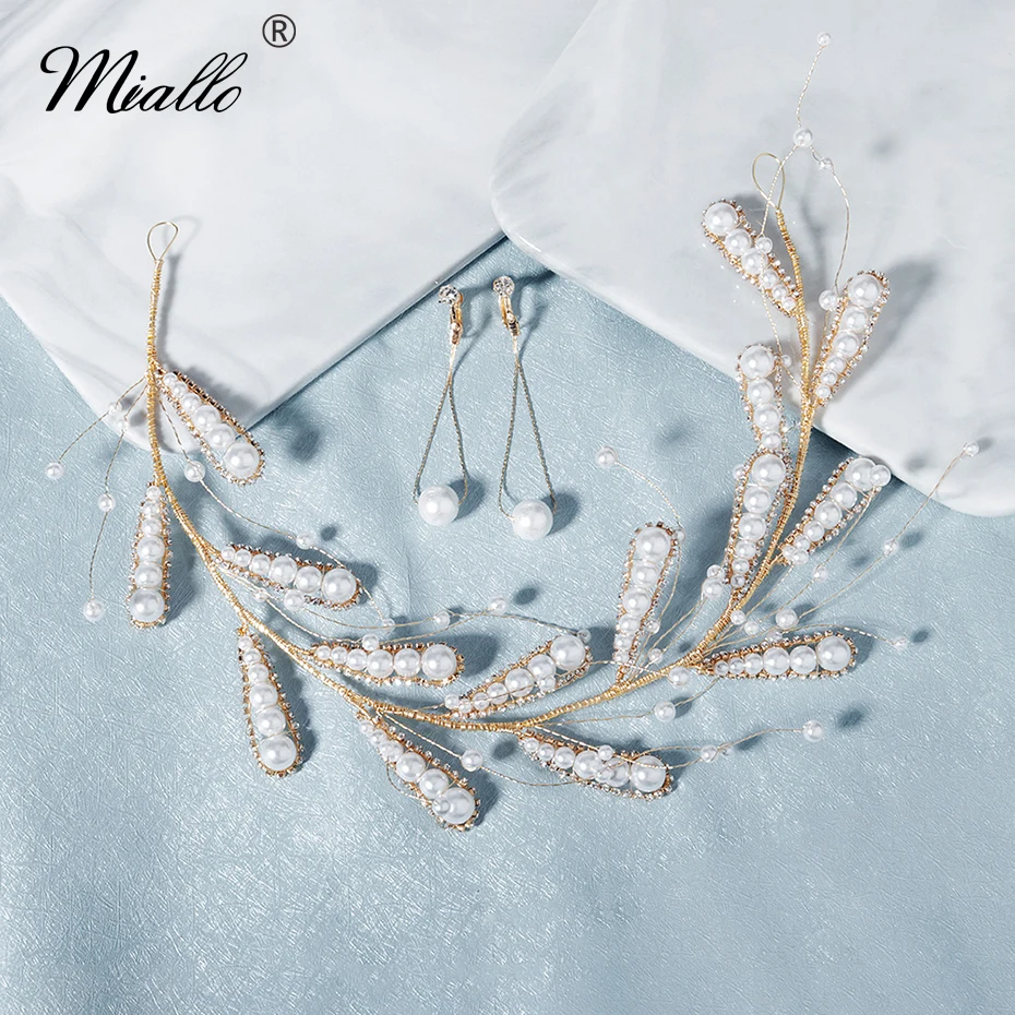 Женская повязка на голову с жемчугом и листьями золотистого цвета | Украшения