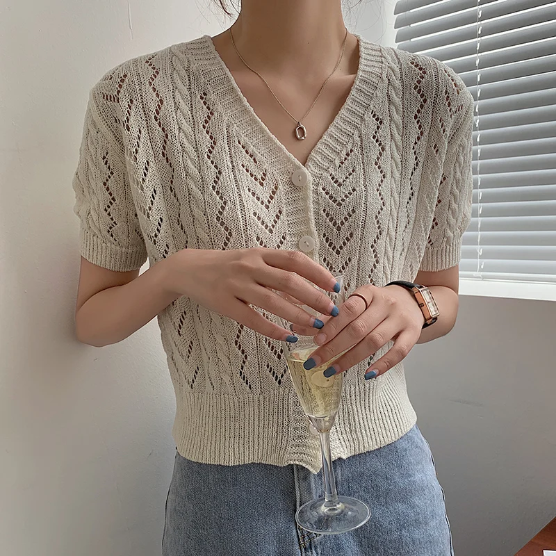 

Женская трикотажная футболка с коротким рукавом, кардиган в Корейском стиле, универсальный топ, весна-лето 2021