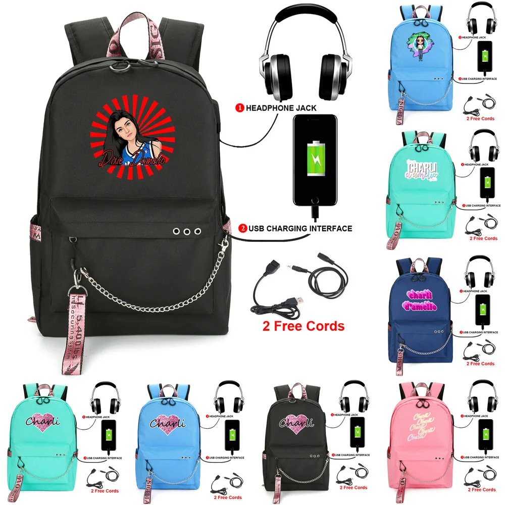 

Children Backpacks Charli D'Amelio Backpack USB Fashion Women Shoulder Bags School Bag for Teenage Girl Boys Zipper