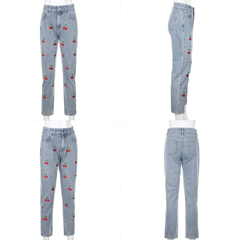 

K3NF Women High Waisted Pencil Jeans Cute Cherry Embroidery Denim Pants Slim Trousers