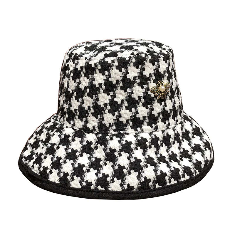 Женская клетчатая шляпка с большими полями элегантная Панама из твида принтом