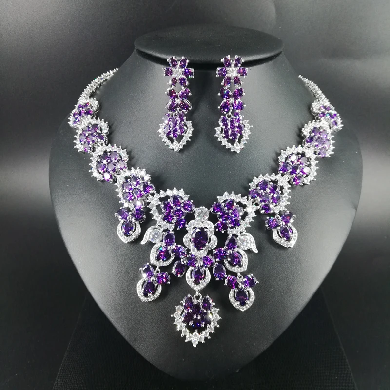 2019 Новая мода романтические фиолетовые цветы циркон ожерелье серьги набор