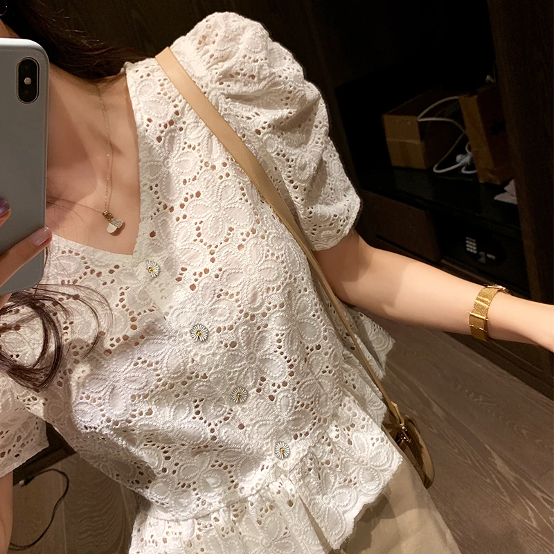 MISHOW 2020 летние кружевные блузки женские с пышными рукавами v образным вырезом