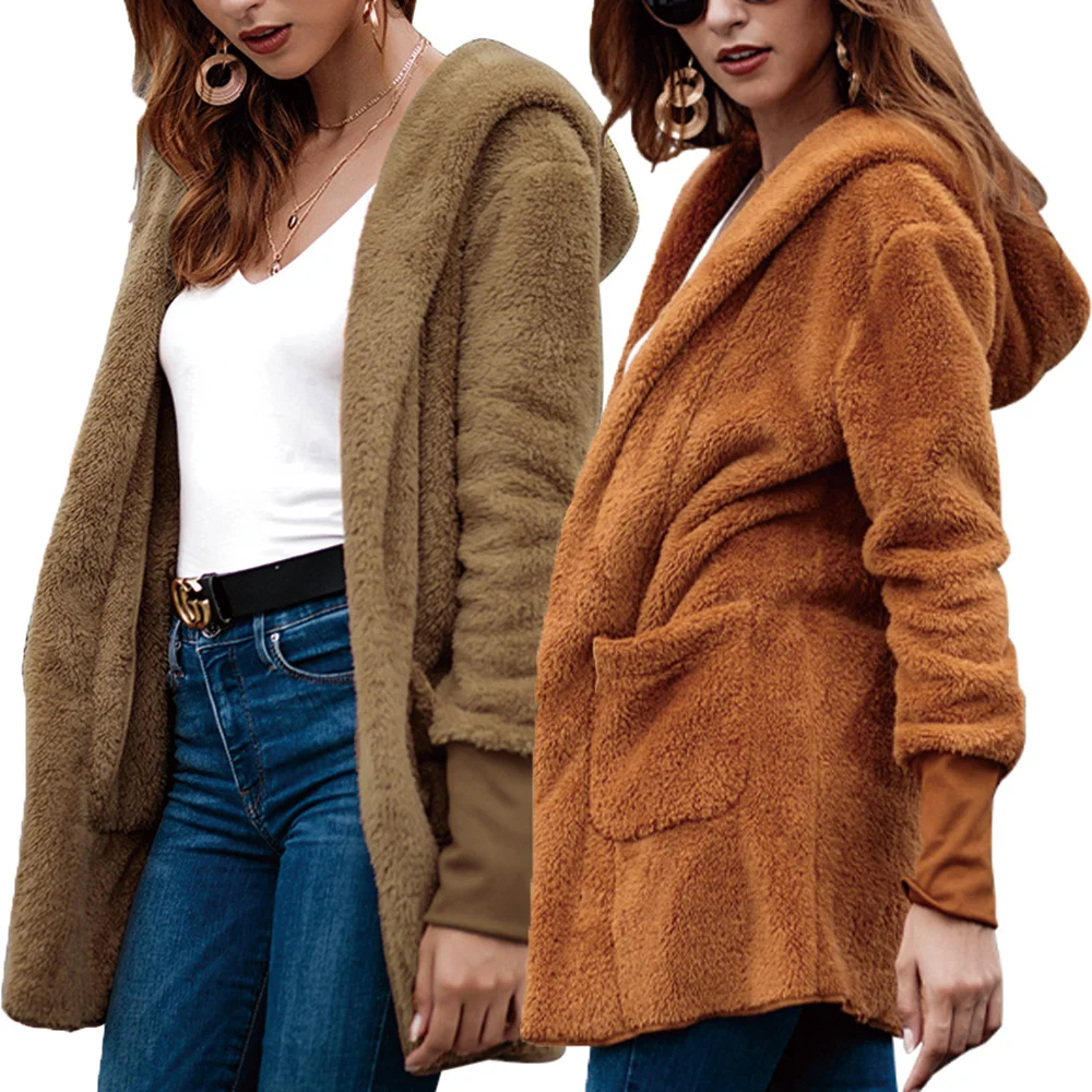 

Women Winter Spring Warm Fleece Jacket Long Sleeve Solid Color Hoodies Pockets Ladies Loose Casual Streetwear Jacket