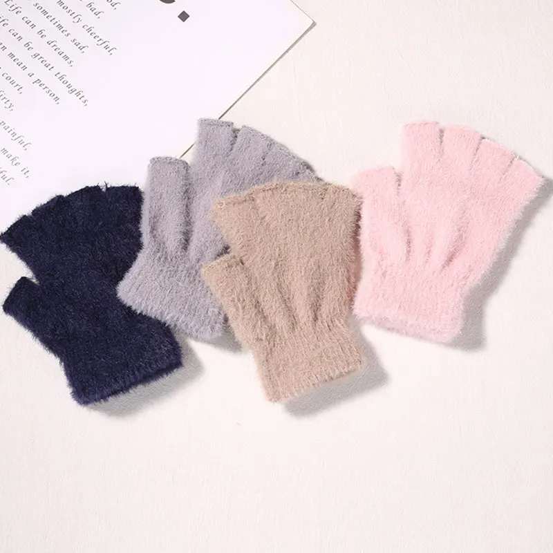 

Lovely Fluffy Fingerless Gloves Women Soft Winter Warm Half Fingers Gloves Female Girls Mittens Half Finger Office Gloves