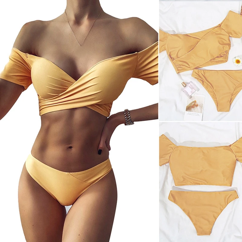 

Sexy Brazilian Female Bikini Set Push Up Strapless Bikinis Women Solid Swimsuit Bandage Cross Beachwear