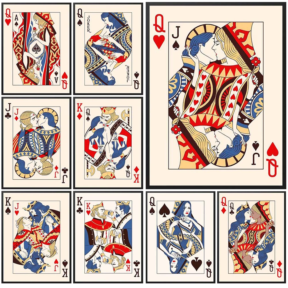 

Vintage Poker King Queen Playing Cards Wall Art Canvas Painting Love Kiss Wall Pictures For Living Room Nordic Poster Unframed
