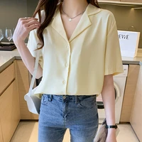 fashion womens shirt solid blouse for women short sleeve button shirt white polo neck blouse top female 2021 woman basic shirts