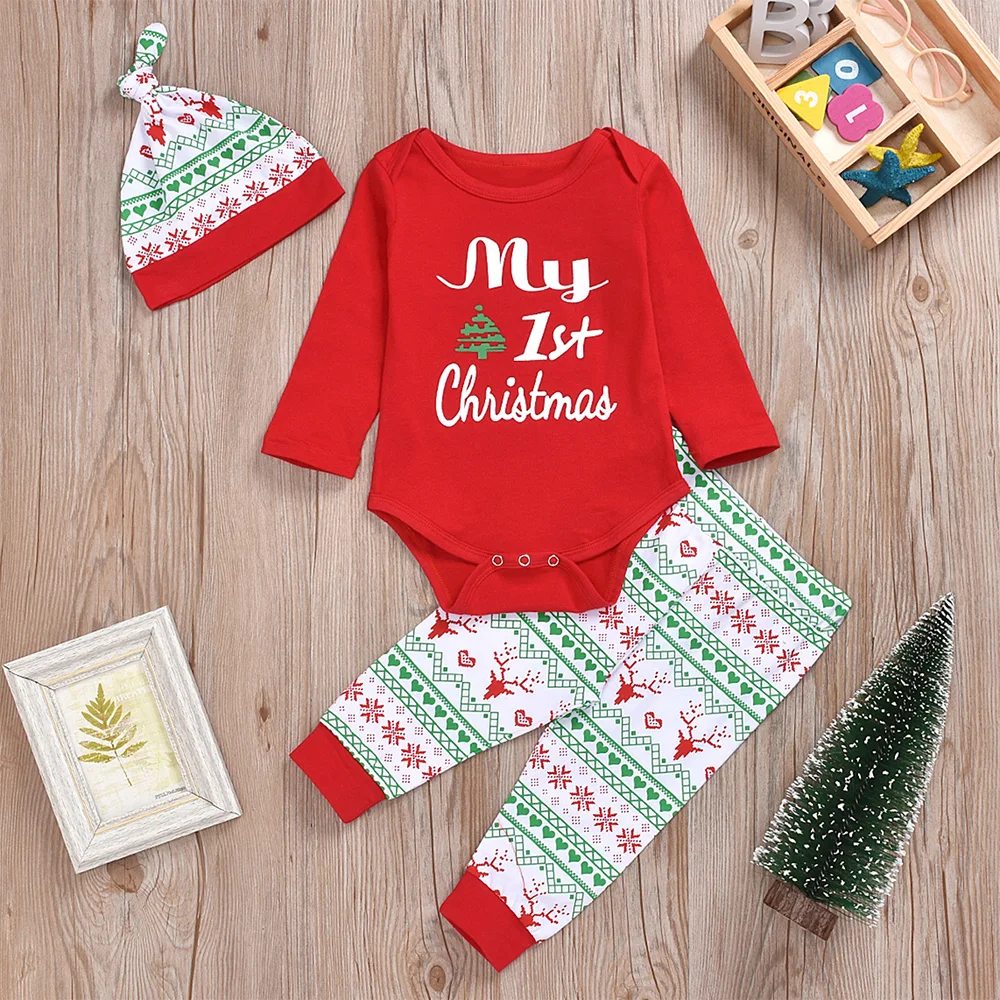 Комплект из 3 предметов Милый детский Ромпер брюки с надписью My First Christmas для