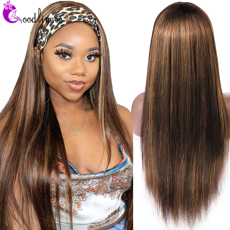 

Glueless Highlight Headband Wig Human Hair Straight Honey Blonde Highlighted Wigs Brazilian Ombre Headband Scarf Human Hair Wig