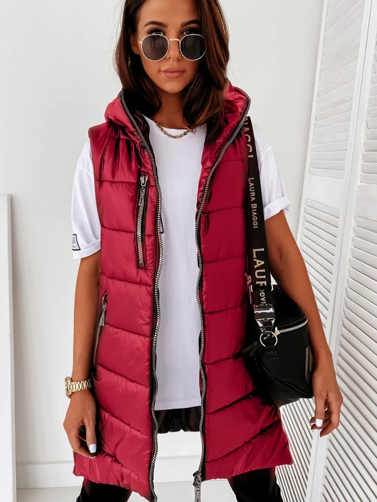 Sleeveless Puffer Jacket Women Hooded Cotton Padded Waistcoat Casual Streetwear Zipper Pocket Jacket Oversize Long Coat Parkas
