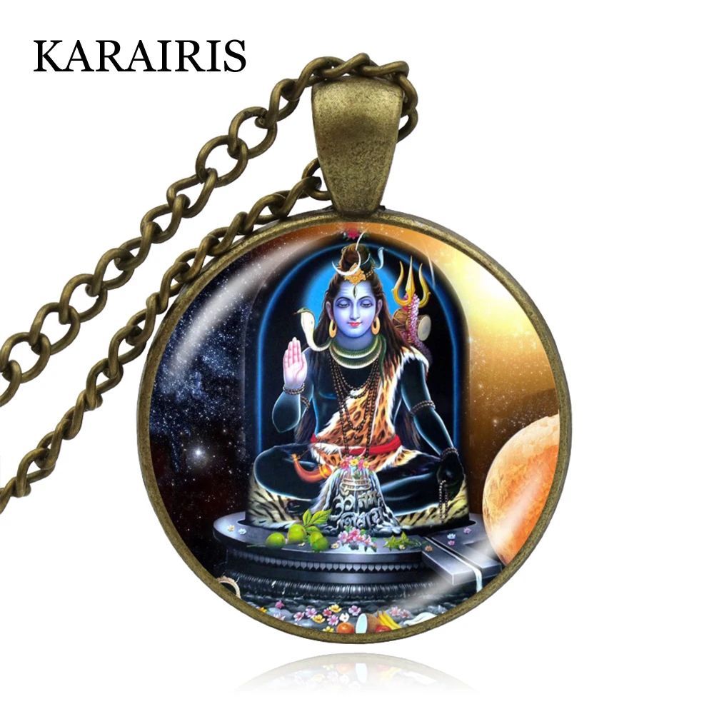 

KARAIRIS New Hinduism Dancing Shiva Necklace Long Chain Buddha Indian Necklace Men Women Buddhist Jewelry Glass Dome Pendant