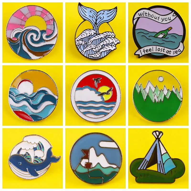 Go Travel! Outdoor Surf Mountains Forest White Clouds Round Badges On Backpack Fashion Pin Cartoon DIY Metal for Clothes | Дом и сад
