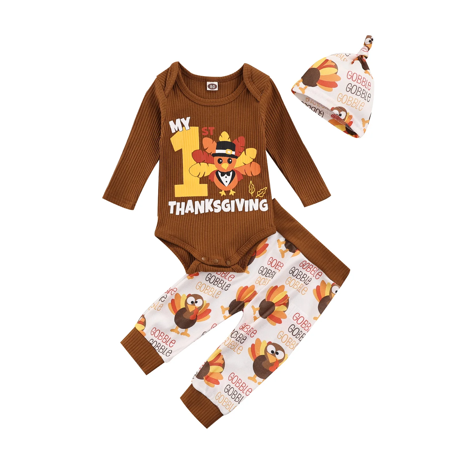 

Toddler Newborn Three Piece Baby\\u2019s Clothes Cartoon Thanksgiving Print Long Sleeve Romper and Trousers with Hat