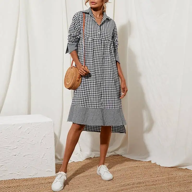 

Celmia Fashion Plaid Stitching Shirt Dress Women Casual Loose Long Sleeve Party Dresses Vintage Lapel High Waist Vestidos Robes