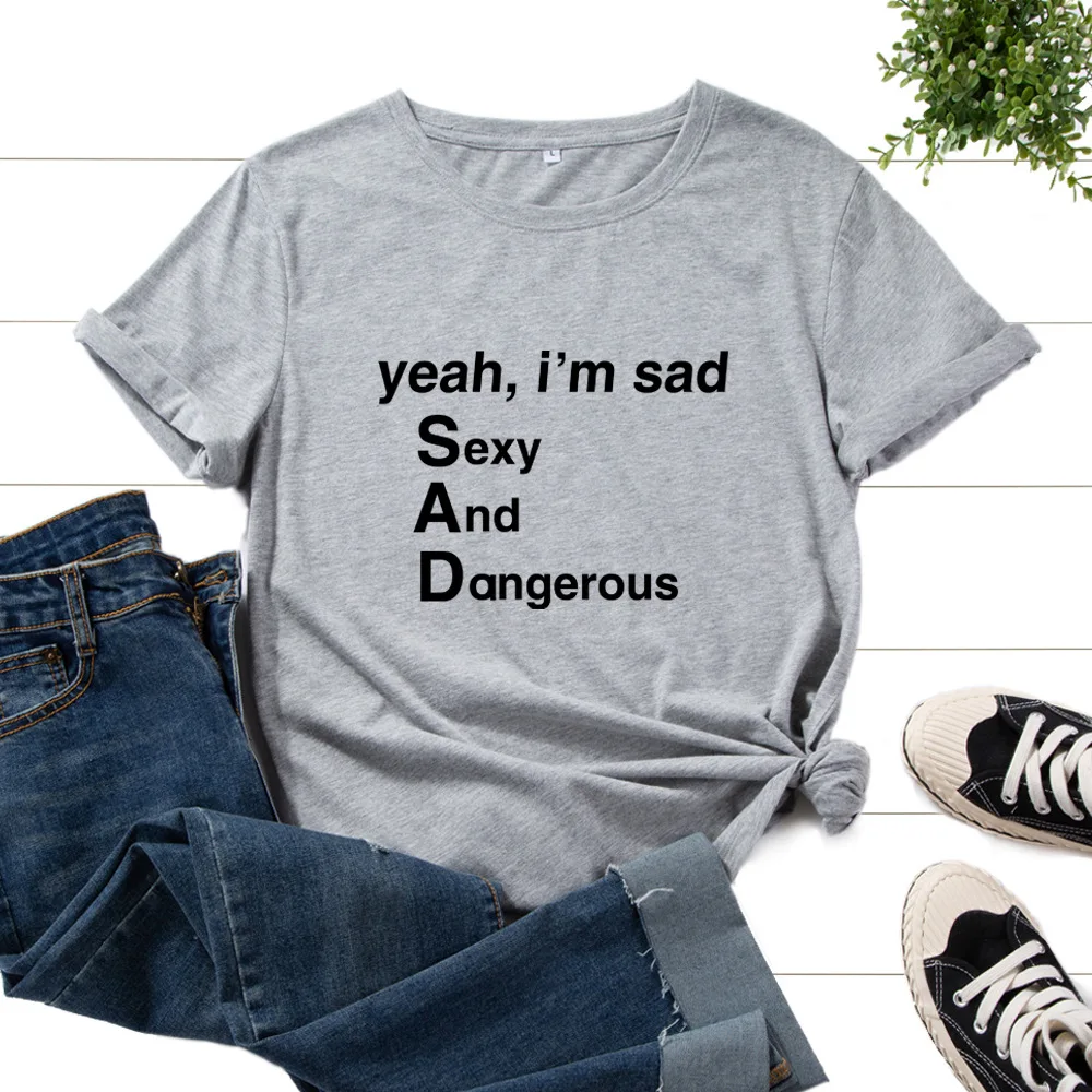 

Summer Cotton T Shirt Plus Size 5XL I'm Sad Letter Print Tees Tops Simple Shirts Short Sleeve O-Neck Casual Tshirts for Women
