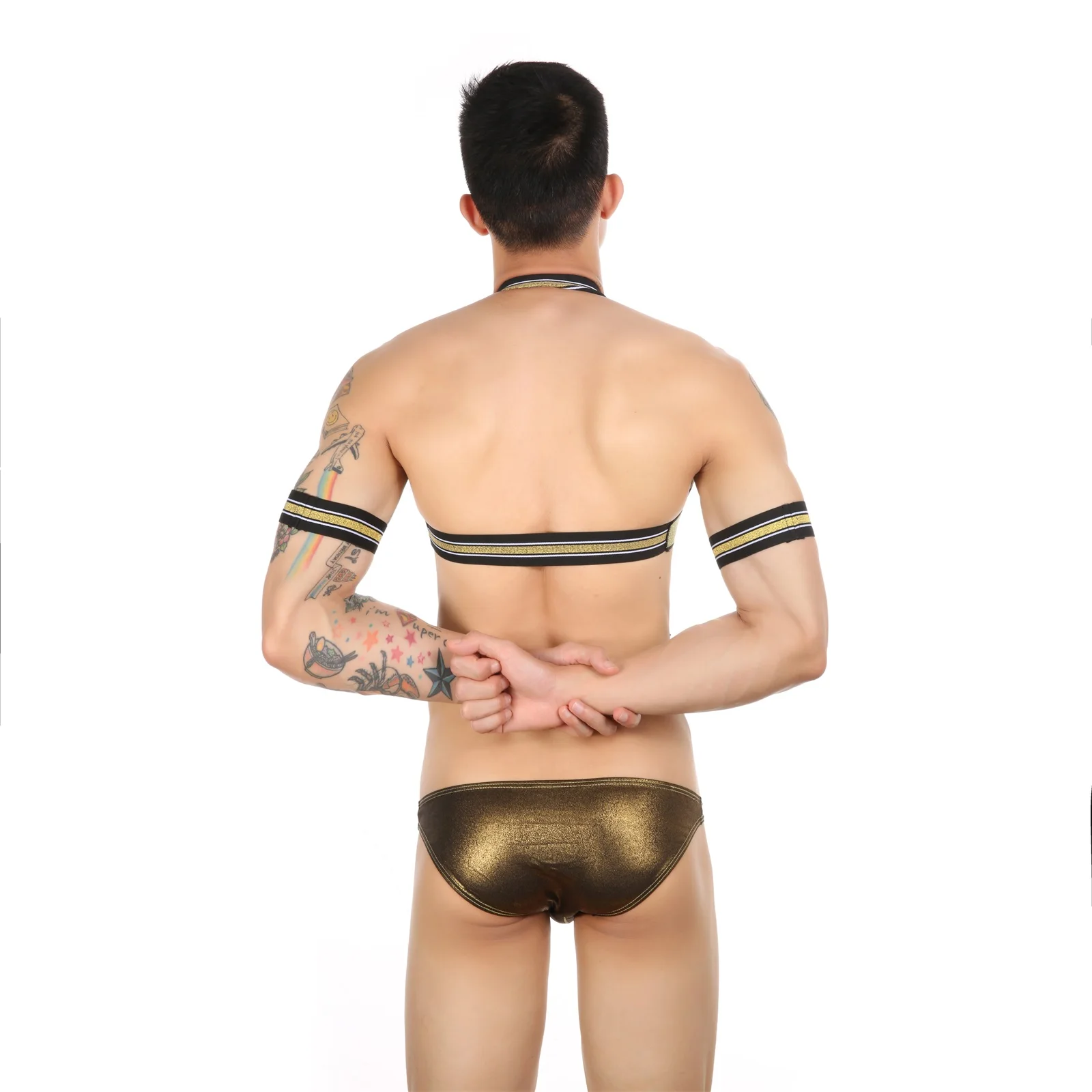 

Male Harness Underwear Set Men Sexy Lingerie Briefs Body Chest hombre Bondage Hollow Costumes Exotic Fetish Golden Clothing