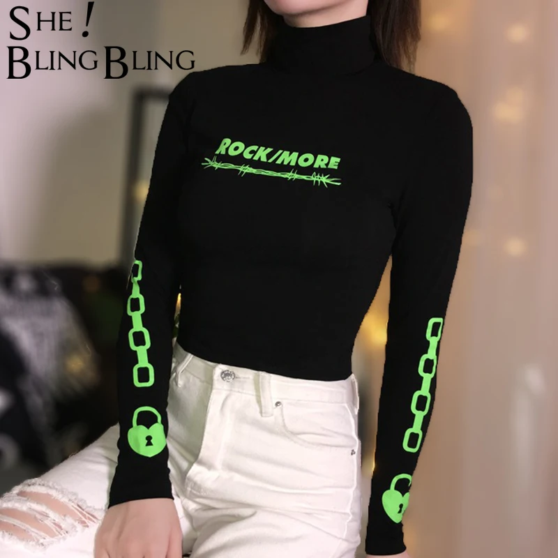 SheBlingBling мода сердце замок цепи буквы печати черная футболка Женские Короткие топы Водолазка с длинным рукавом Повседневные женские футболки