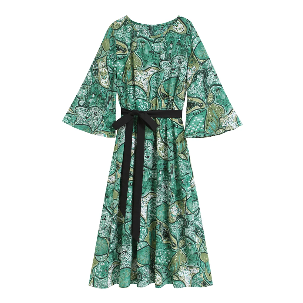 Женское платье миди с длинным рукавом Amtivaya, зеленое винтажное платье с принтом в дворцовом стиле, с круглым вырезом и расклешенными рукавам... от AliExpress RU&CIS NEW