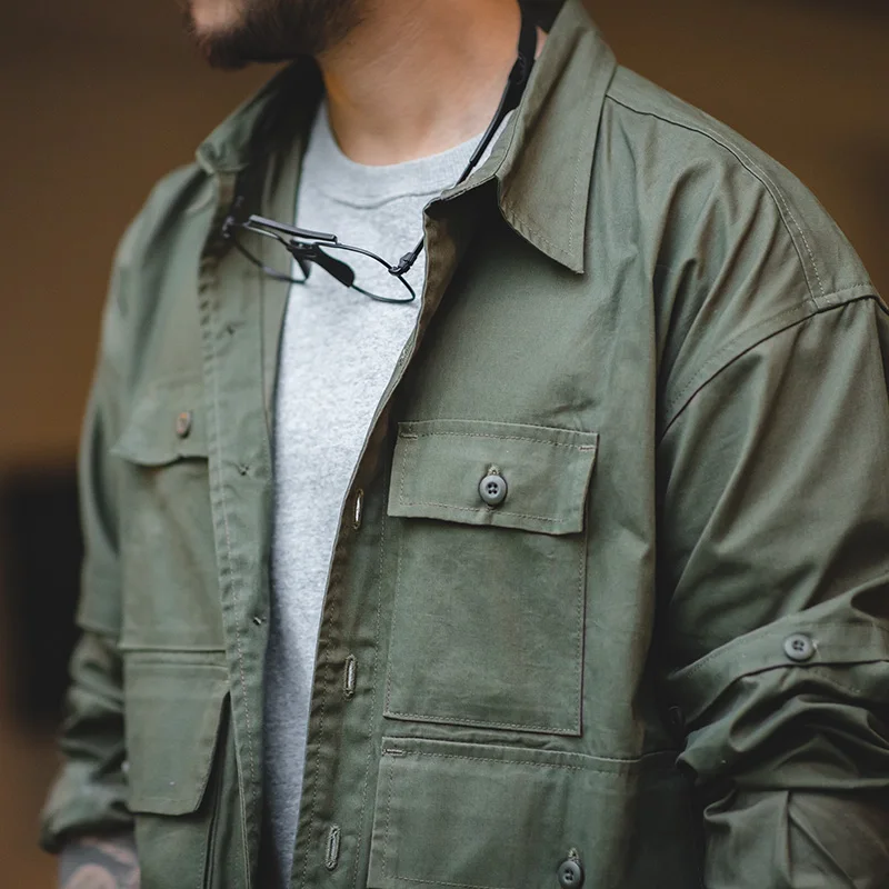 Maden Men's Retro Army Green Detachable Sleeve Shirt Vintage Big Pocket Shirt Men