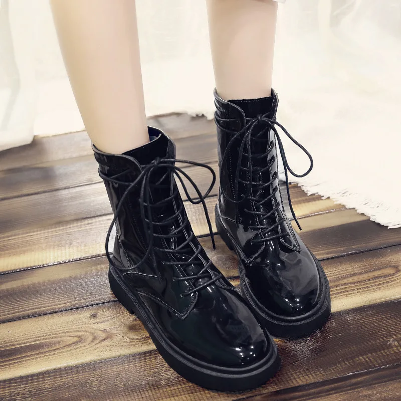 Черные кожаные женские ботинки зимние с 9 отверстиями женская обувь