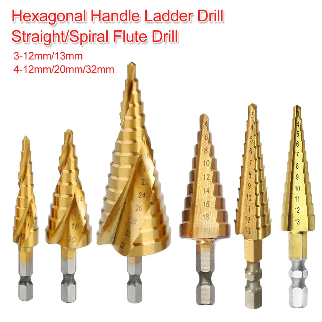 

HSS Titanium Coated Pagoda Shape Step Drill 3-12mm/13mm 4-12mm/20mm/32mm Hex Shank Straight/Spiral Flute Drill for Wood/Metal