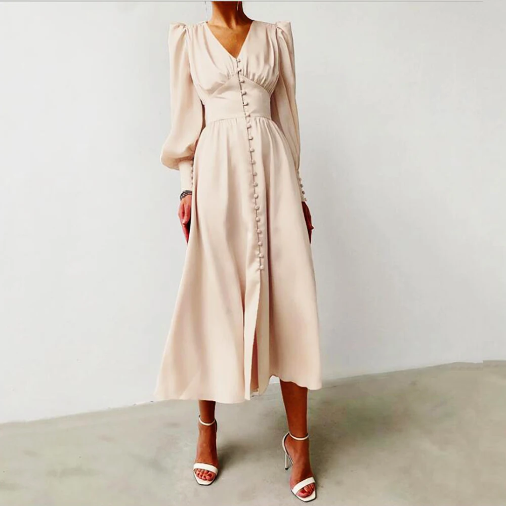 

Elegant Spring Satin Bishop Sleeve A-Line Dress Women V-Neck High Waist Button Dress Solid Vintage Autumn Long Dresses Chic