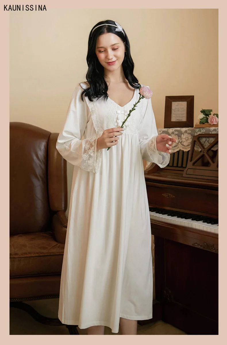 

Ladies Nightgown Nightdress Vintage Sleepwear Dress Embroidered Long Sleeves Homewear Sweet Woman Princess Nightgowns Autumn