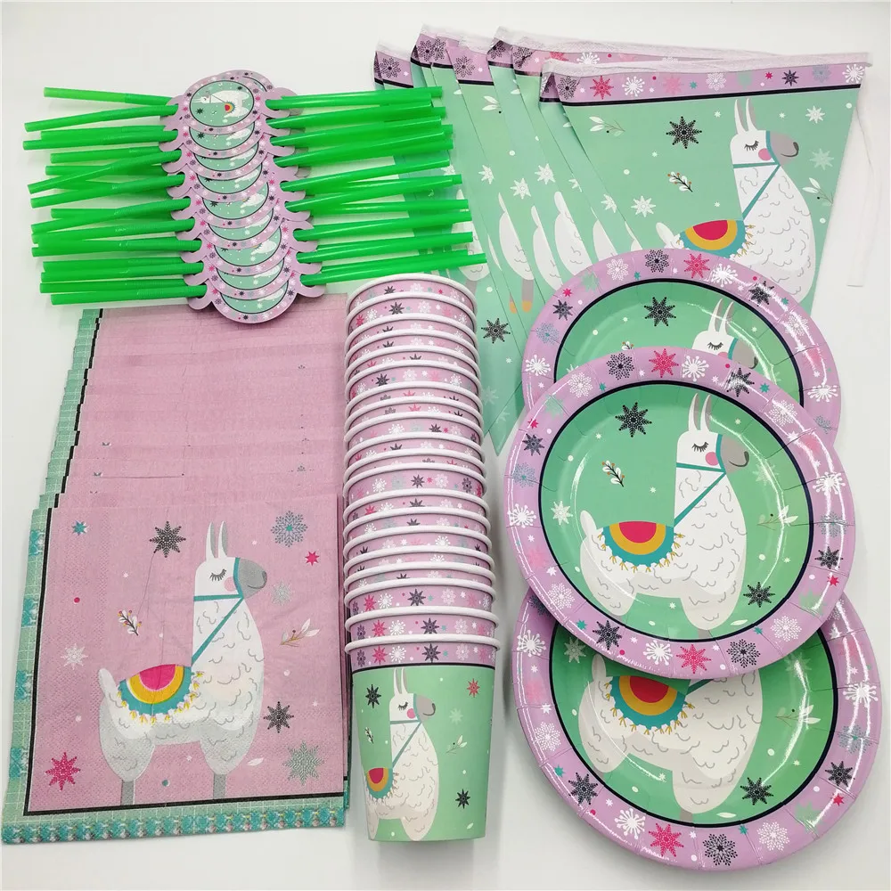

81pcs 20 person Alpaca Disposable Tableware Set Kids Birthday Party Decorations Straws Napkins Plates Cups Banner Party Supplies