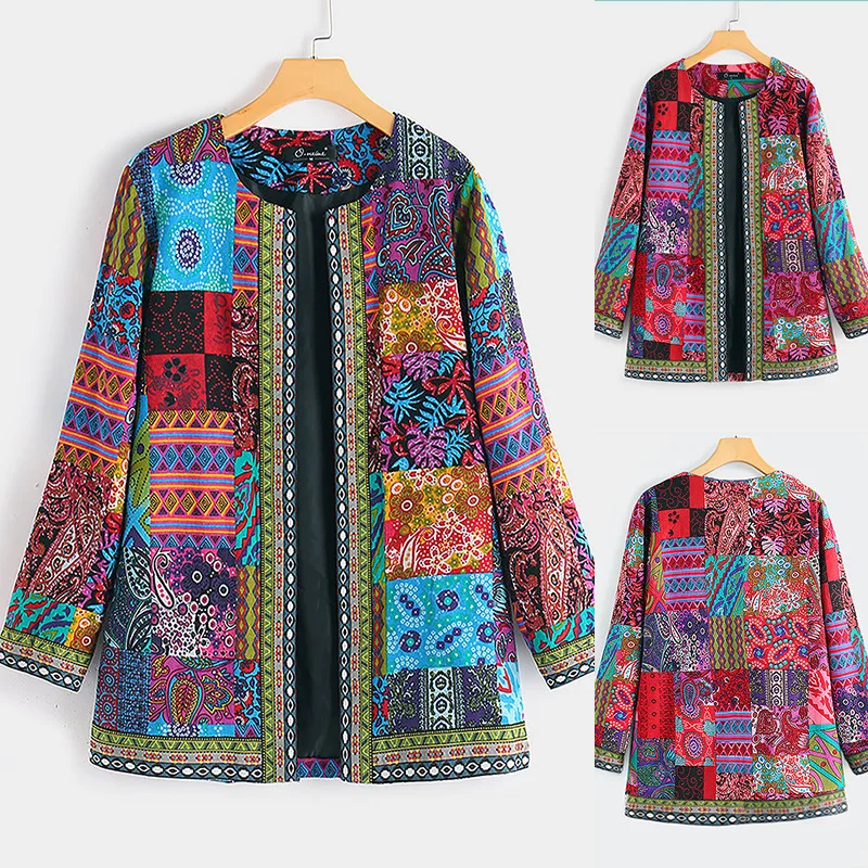 

Women Coat Spring Autumn Ethnic Style Retro Cotton and Linen Color Stitching Printing Loose Round Neck Long Sleeve Coat Cardigan