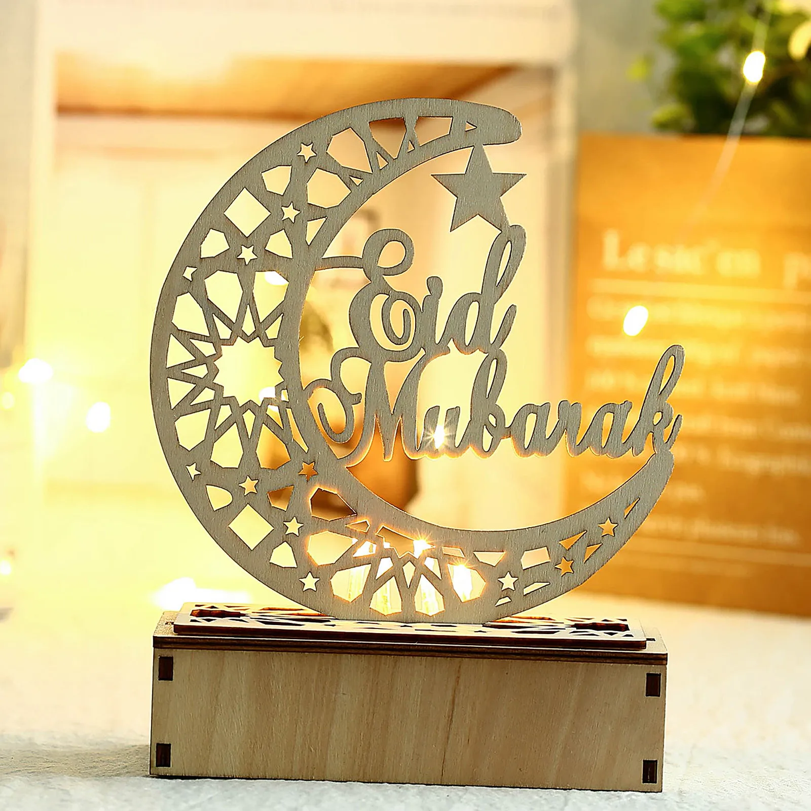 

Creative Eid Mubarak Ornaments Wooden Crafts Moon Hollow Letters Ramadan Decoration Eid Mubarak Home Room Decor Ornaments