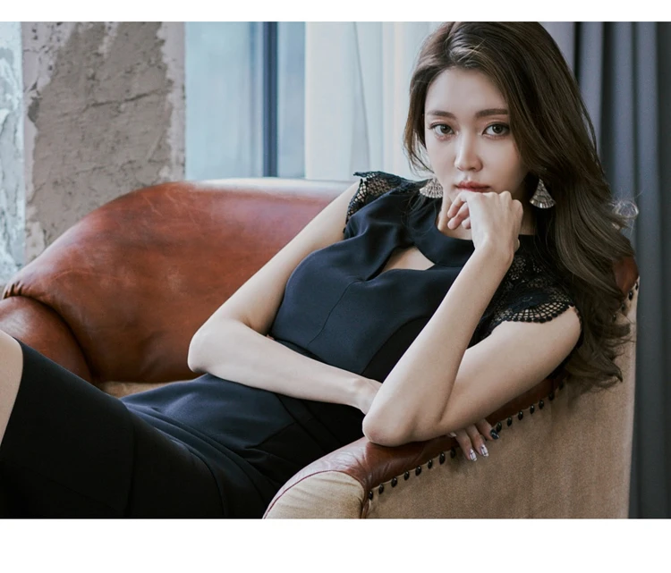 

Korea Summer Elegant Women Sexy Hollow Out Black Lace Short Sleeve Patchwork Bodycon Office OL Pencil Party Dress