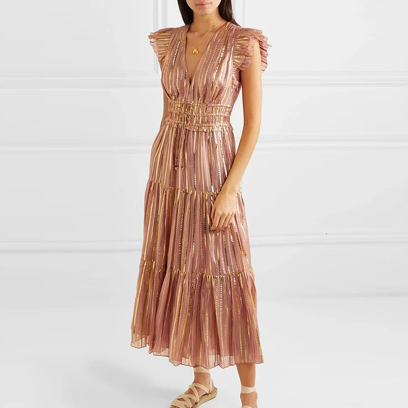 Женское Полосатое платье с оборками летнее металлическое средней длины высокой